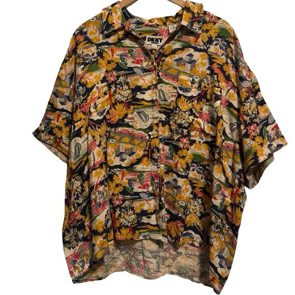 DKNY Womens M Button Up Shirt 100% linen Sleeve Pocket Hawaiian Hong Kong VTG - Picture 1 of 4